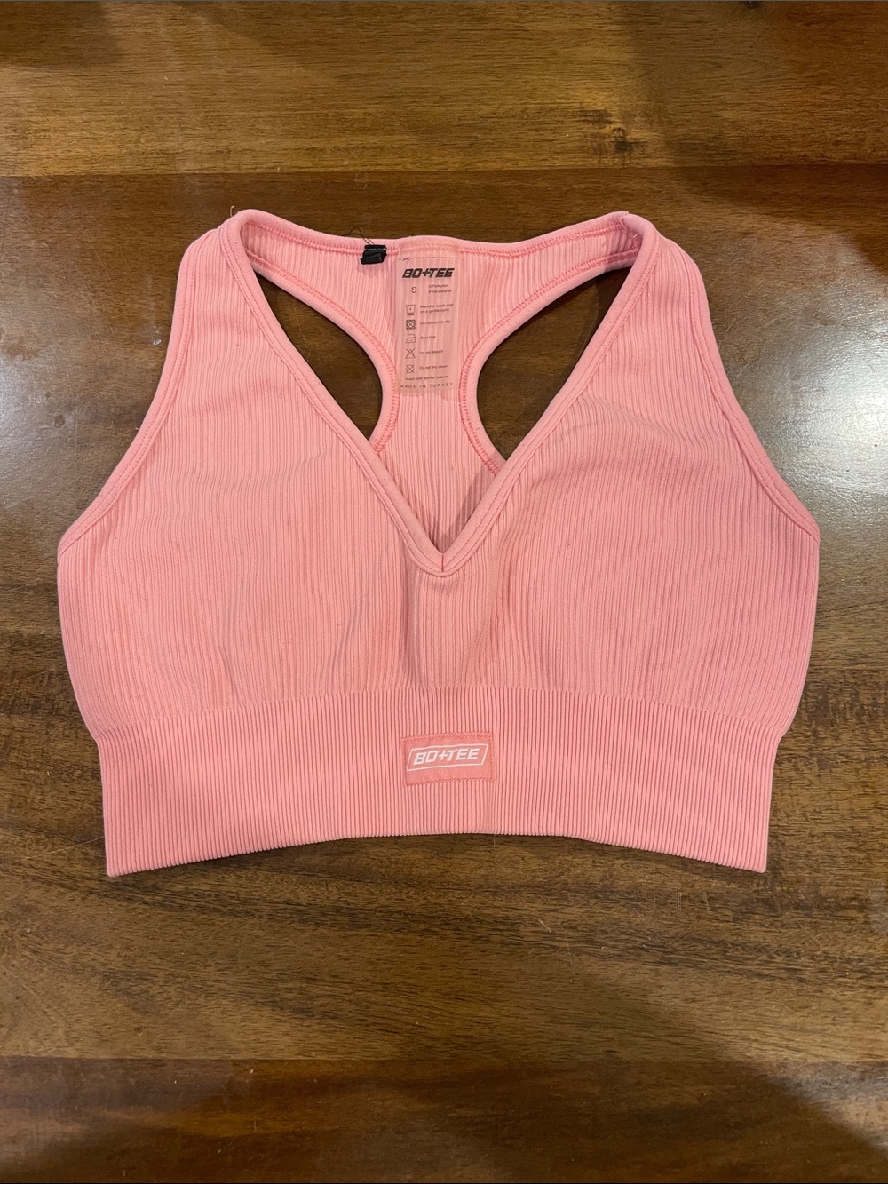 BO+TEE Pink Ribbed V-Neck Racerback Sports Bra